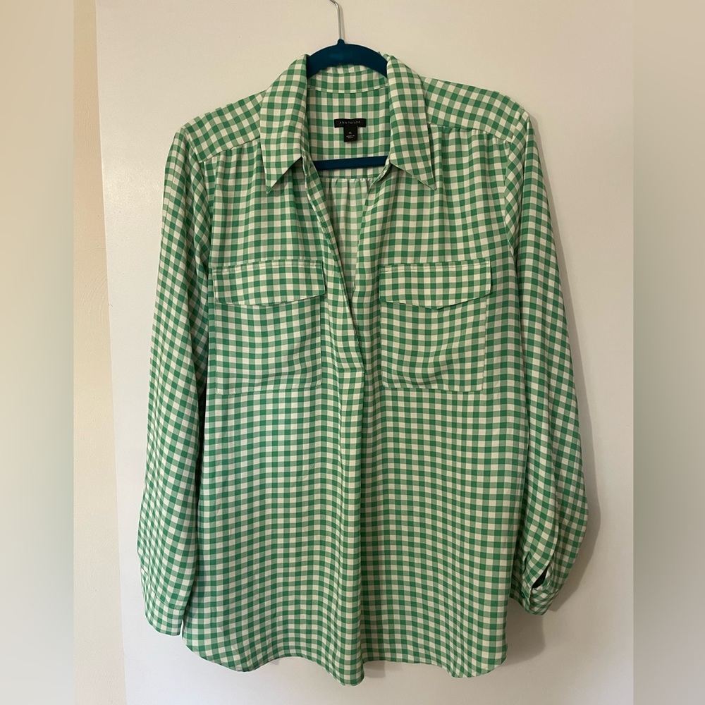 Ann Taylor spring gingham green ladies blouse XL